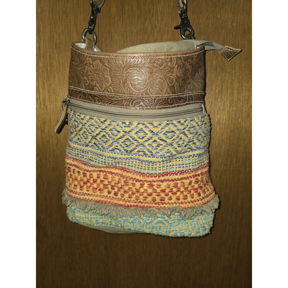 Myra Crossbody Bag Purse Brown Leather Yellow Blue Green Fringe Boho‎ India